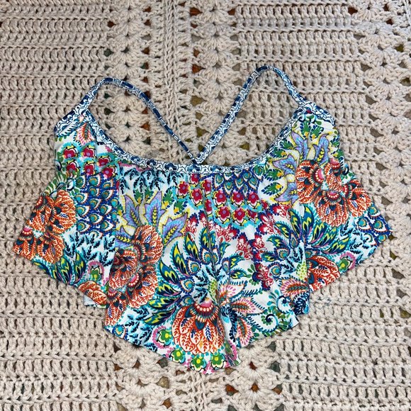 Profile Blush Triangle Ruffle Peacock Pattern Bikini Top Size Small F-Cup - Picture 1 of 10